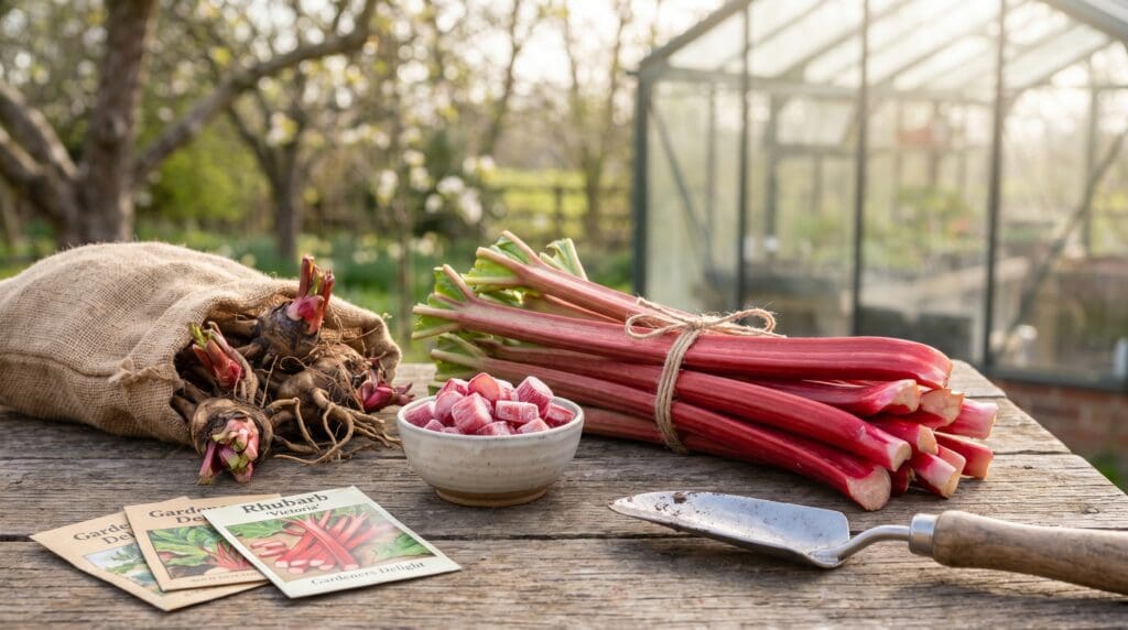 Fresh rhubarb stalks, frozen rhubarb, and rhubarb crowns arranged on a garden table for a guide on where to buy rhubarb Fresh rhubarb stalks, frozen rhubarb, and rhubarb crowns arranged on a garden table for a guide on where to buy rhubarb
