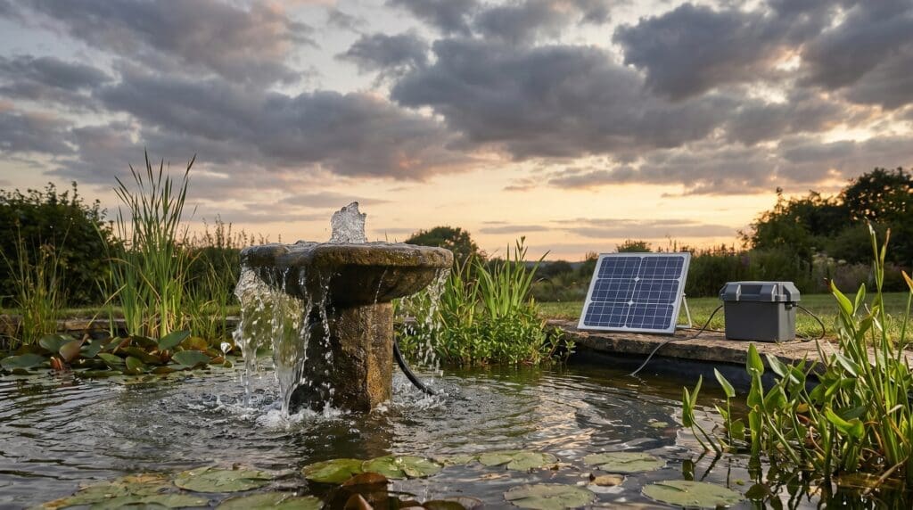 Solar water fountain pump with battery backup running at dusk in a backyard bird bath Solar water fountain pump with battery backup running at dusk in a backyard bird bath