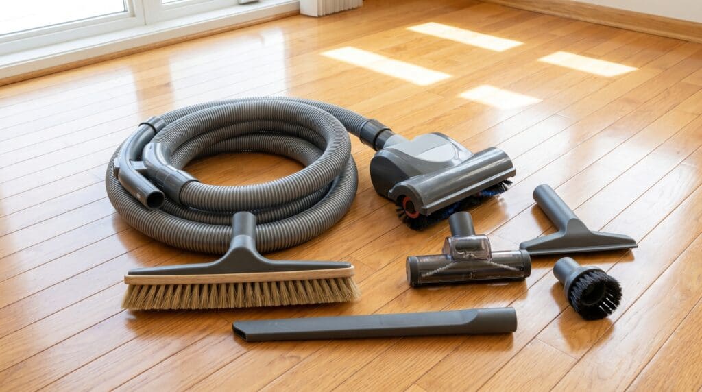 Central vacuum attachments including hose, powerhead, floor brush, crevice tool, and pet hair brush on a clean floor Central vacuum attachments including hose, powerhead, floor brush, crevice tool, and pet hair brush on a clean floor