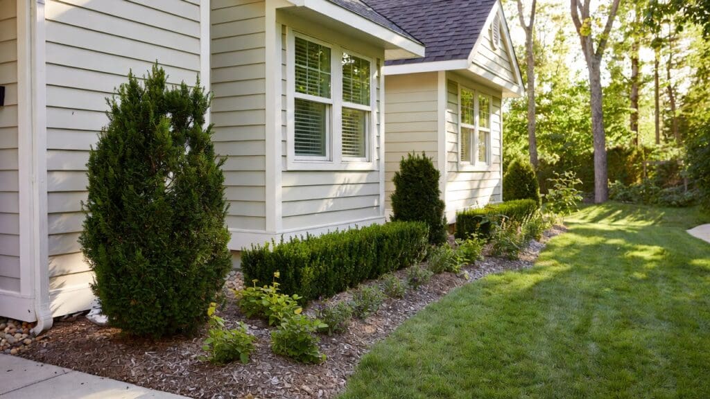 Overgrown foundation hedge planted too close to a house blocking windows and siding Overgrown foundation hedge planted too close to a house blocking windows and siding