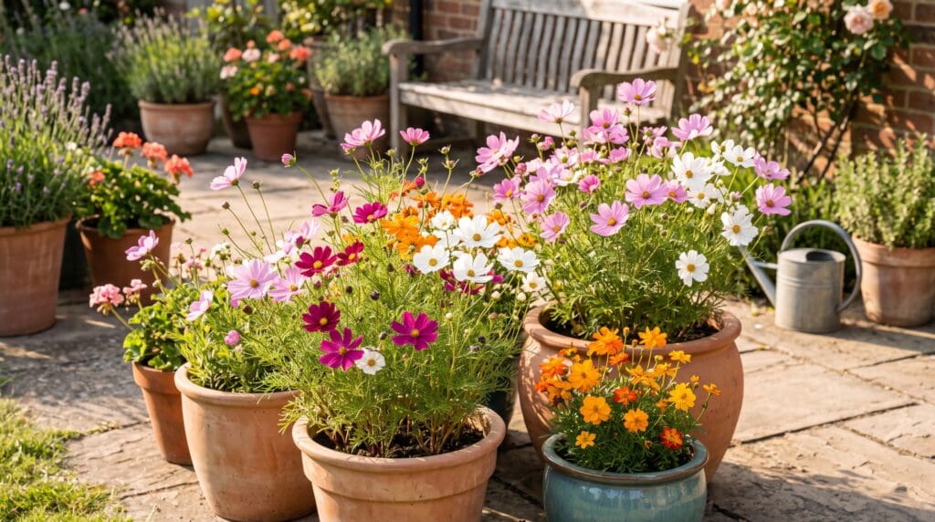 Growing cosmos in pots with pink, white, and orange flowers on a sunny patio container garden Growing cosmos in pots with pink, white, and orange flowers on a sunny patio container garden