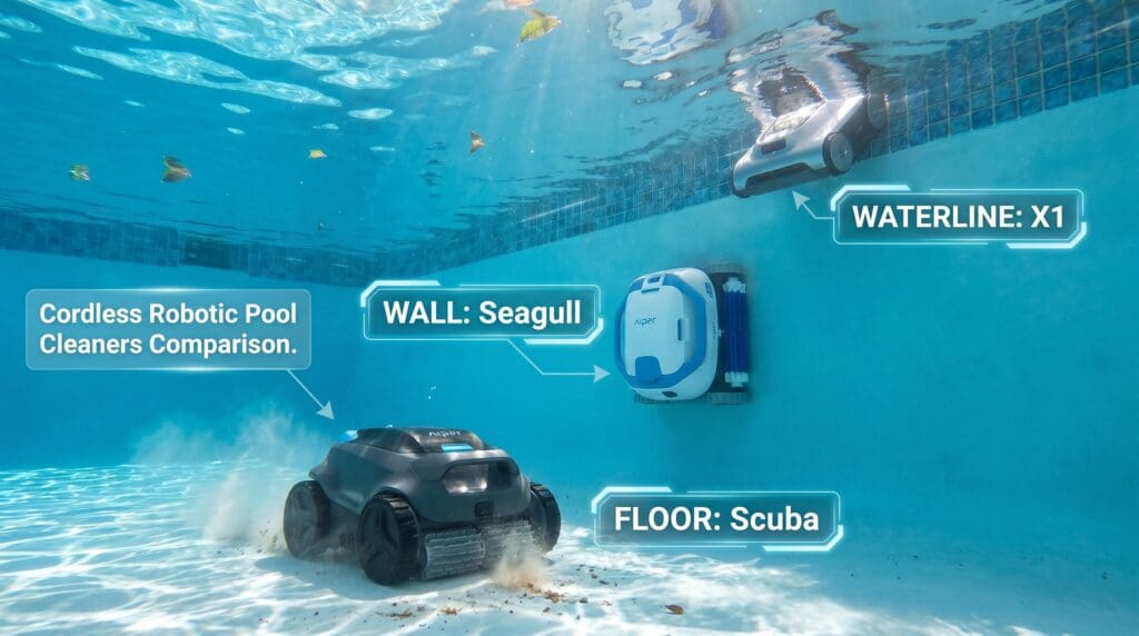 Aiper cordless robotic pool cleaner working on the floor of a clean backyard swimming pool Aiper cordless robotic pool cleaner working on the floor of a clean backyard swimming pool