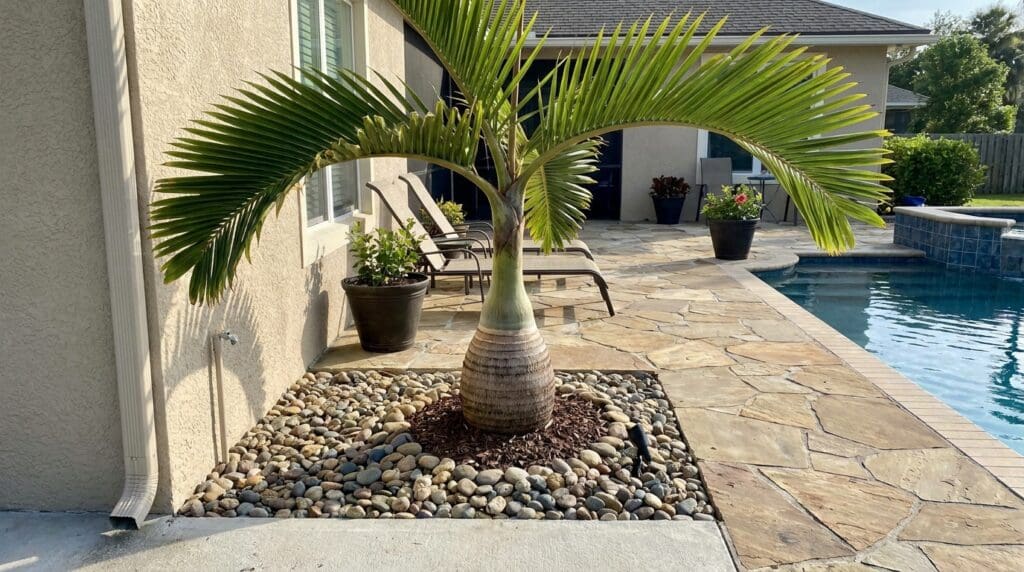 Bottle palm growing near a patio with visible spacing from a wall, pool edge, and foundation Bottle palm growing near a patio with visible spacing from a wall, pool edge, and foundation
