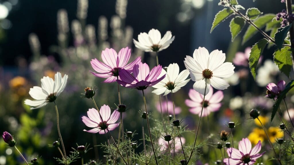 Cosmos flowers blooming in a sunny garden with seed heads showing how annual cosmos can self-seed Cosmos flowers blooming in a sunny garden with seed heads showing how annual cosmos can self-seed