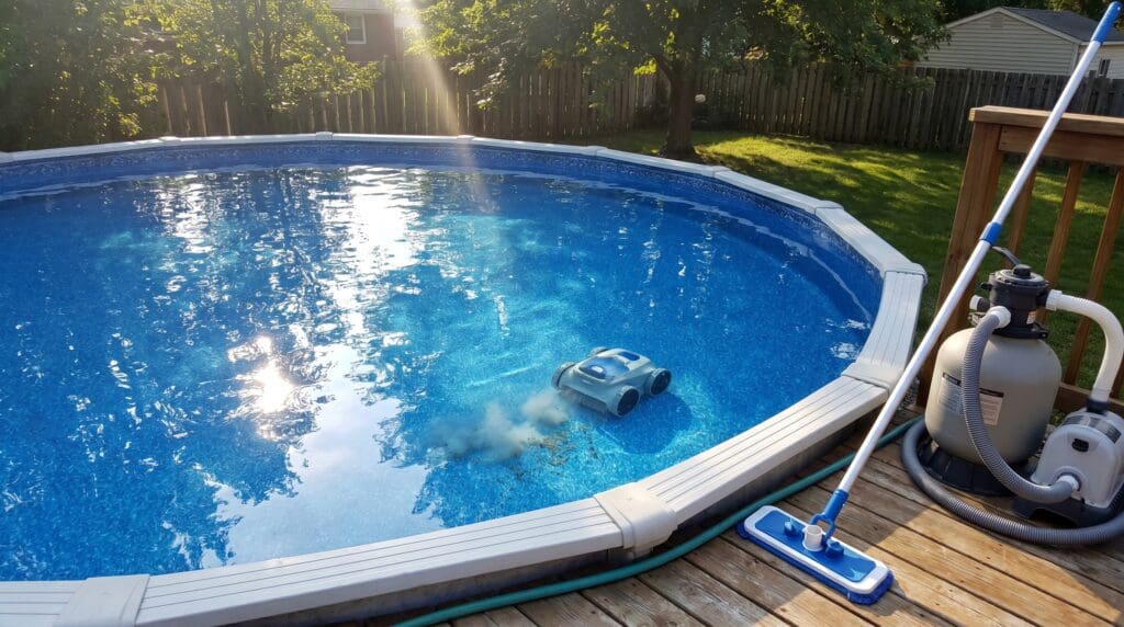 Above ground pool vacuum cleaning a vinyl liner pool with a robotic pool cleaner and manual vacuum nearby Above ground pool vacuum cleaning a vinyl liner pool with a robotic pool cleaner and manual vacuum nearby