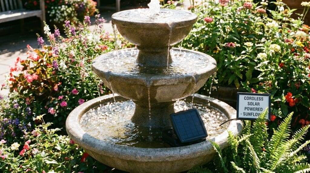 Floating solar water pump operating in a stone garden bird bath under direct sunlight Floating solar water pump operating in a stone garden bird bath under direct sunlight