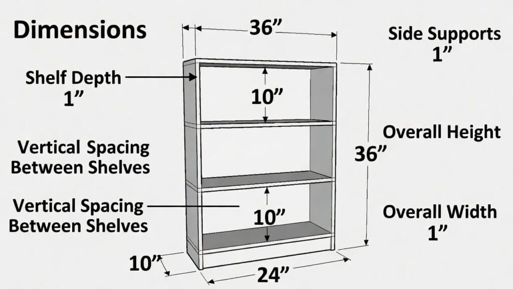 Bookshelf dimensions diagram with shelf depth, height, width, spacing, and board thickness marked on a DIY bookcase Bookshelf dimensions diagram with shelf depth, height, width, spacing, and board thickness marked on a DIY bookcase