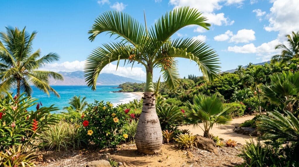 Bottle palm tree with a swollen bottle-shaped trunk growing in a sunny tropical landscape Bottle palm tree with a swollen bottle-shaped trunk growing in a sunny tropical landscape