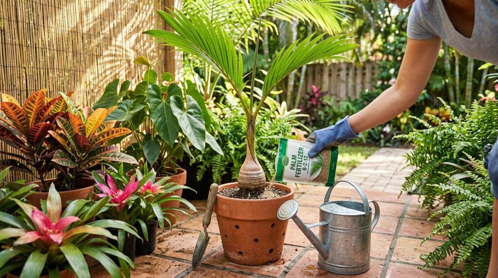 Bottle palm care with a small bottle palm in a container, palm fertilizer, watering can, and tropical patio plants Bottle palm care with a small bottle palm in a container, palm fertilizer, watering can, and tropical patio plants