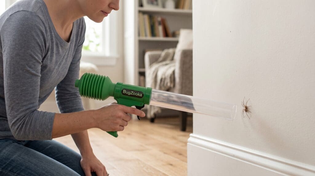 BugZooka bug catcher vacuum used to catch a spider indoors without touching or squishing it BugZooka bug catcher vacuum used to catch a spider indoors without touching or squishing it