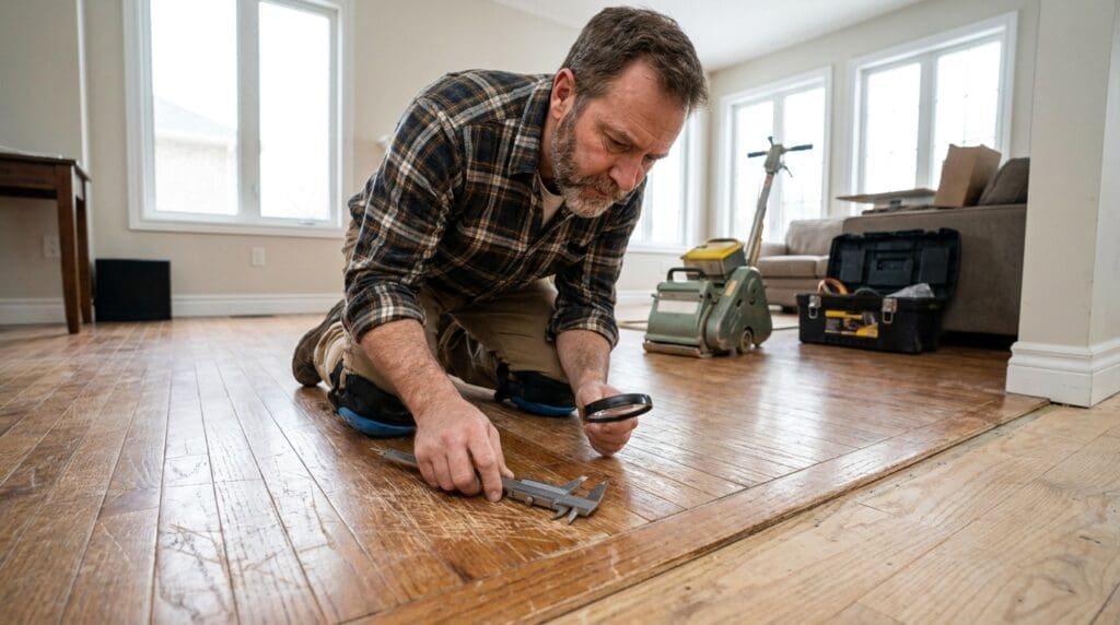 Contractor checking the wear layer of engineered hardwood flooring before refinishing Contractor checking the wear layer of engineered hardwood flooring before refinishing
