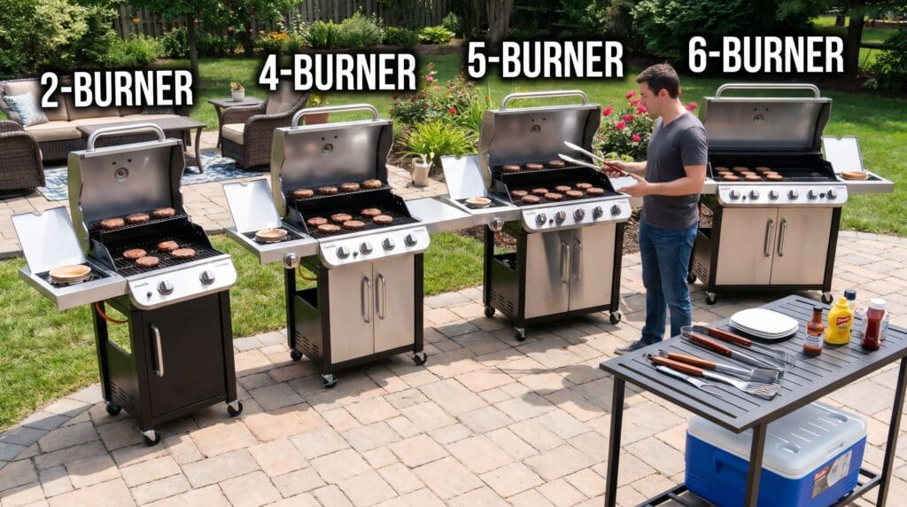 Char-Broil Performance grill on a backyard patio with burgers and grilling tools Char-Broil Performance grill on a backyard patio with burgers and grilling tools