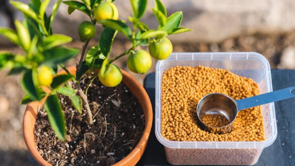 Citrus tree fertilizer granules and measuring scoop beside a potted lemon tree with green leaves and small fruit Citrus tree fertilizer granules and measuring scoop beside a potted lemon tree with green leaves and small fruit