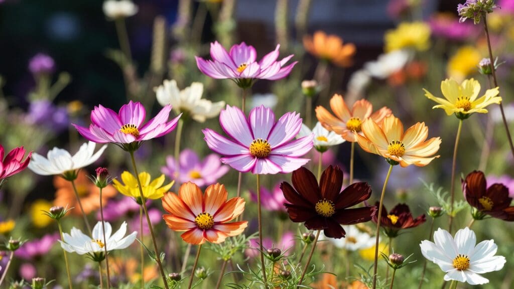 Cosmos flowers blooming in pink, white, orange, yellow, and chocolate colors in a sunny pollinator garden Cosmos flowers blooming in pink, white, orange, yellow, and chocolate colors in a sunny pollinator garden