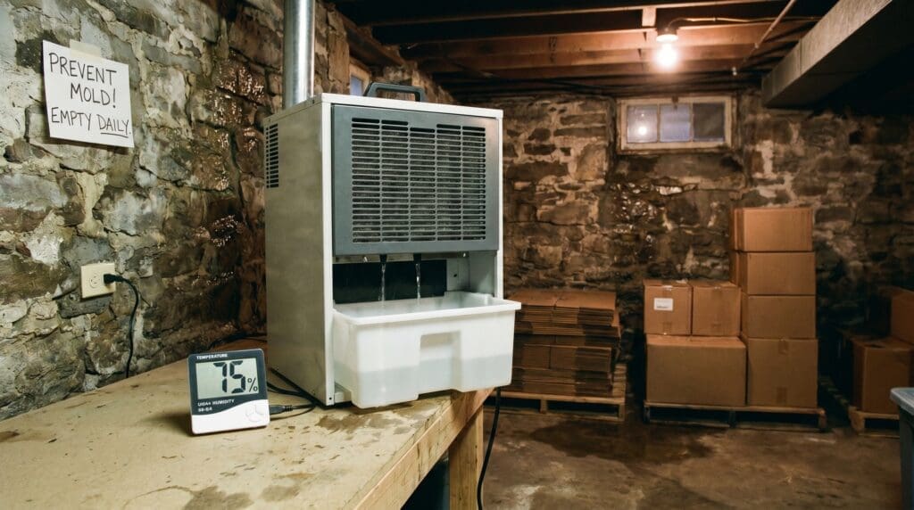 Dehumidifier running in a damp basement with a humidity meter nearby to help prevent mold growth Dehumidifier running in a damp basement with a humidity meter nearby to help prevent mold growth