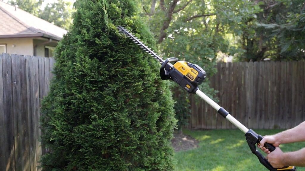 DEWALT cordless pole hedge trimmer cutting the top of a tall backyard privacy hedge from ground level DEWALT cordless pole hedge trimmer cutting the top of a tall backyard privacy hedge from ground level