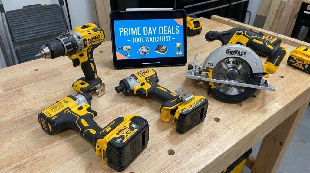 DeWalt drill, impact driver, batteries and circular saw on a workbench for a Prime Day tools sale watchlist DeWalt drill, impact driver, batteries and circular saw on a workbench for a Prime Day tools sale watchlist