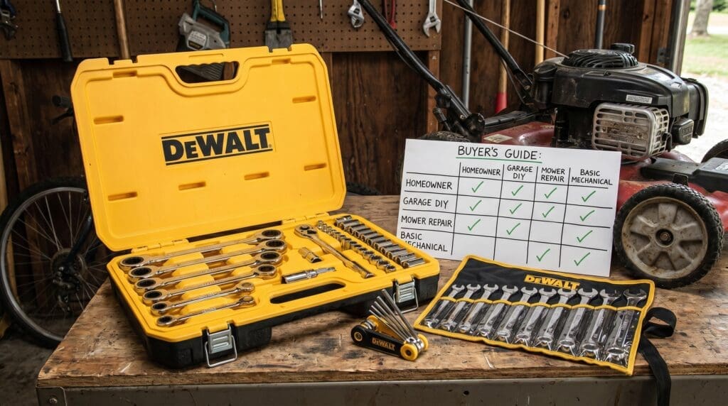DeWalt wrench set with ratcheting wrenches sockets and Allen keys on a garage workbench DeWalt wrench set with ratcheting wrenches sockets and Allen keys on a garage workbench
