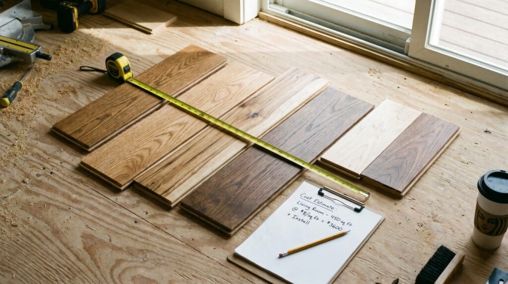 Engineered hardwood flooring samples with a tape measure and cost estimate notes on a subfloor Engineered hardwood flooring samples with a tape measure and cost estimate notes on a subfloor