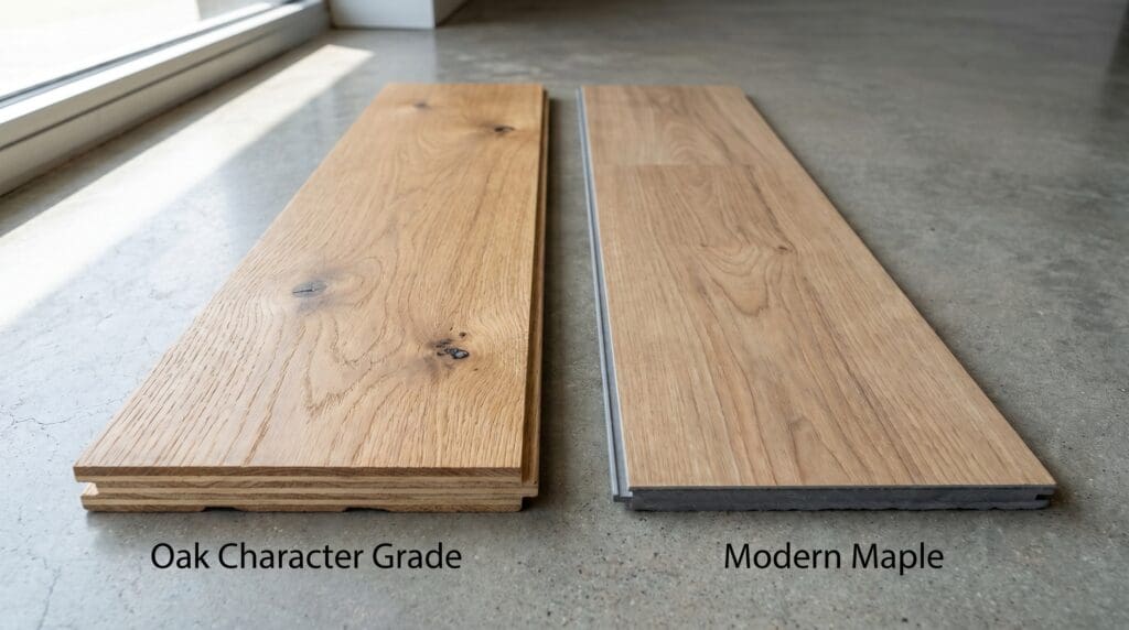 Engineered hardwood flooring and luxury vinyl plank samples compared side by side Engineered hardwood flooring and luxury vinyl plank samples compared side by side