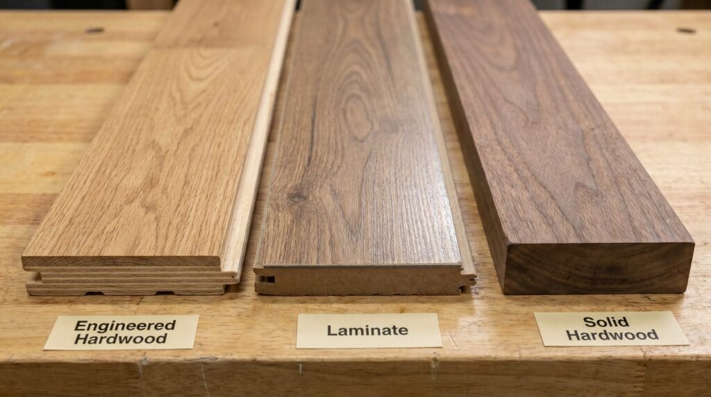 Three flooring samples showing engineered hardwood, laminate, and solid hardwood side by side Three flooring samples showing engineered hardwood, laminate, and solid hardwood side by side