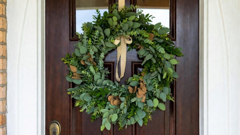 Fresh eucalyptus wreath hanging on a front door with natural green leaves and simple ribbon Fresh eucalyptus wreath hanging on a front door with natural green leaves and simple ribbon
