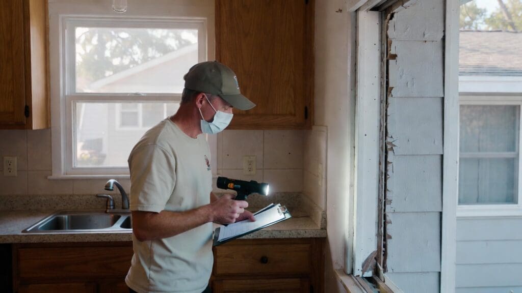 Pest control technician inspecting a residential kitchen and exterior wall for common household pests Pest control technician inspecting a residential kitchen and exterior wall for common household pests