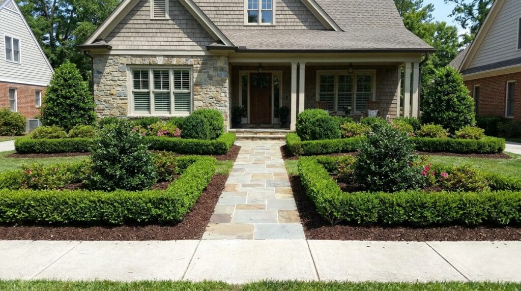 Neatly planted foundation hedges framing the front of a house with evergreen shrubs, mulch, and a clear walkway Neatly planted foundation hedges framing the front of a house with evergreen shrubs, mulch, and a clear walkway