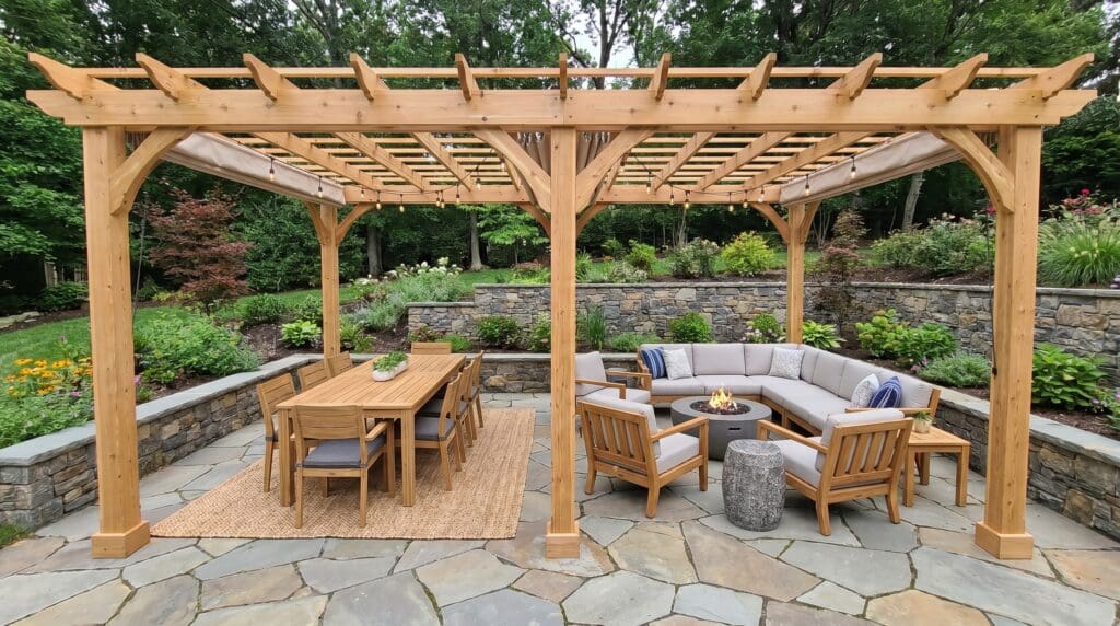 Freestanding 20x10 pergola kit installed over a rectangular patio with outdoor dining furniture and lounge seating Freestanding 20x10 pergola kit installed over a rectangular patio with outdoor dining furniture and lounge seating
