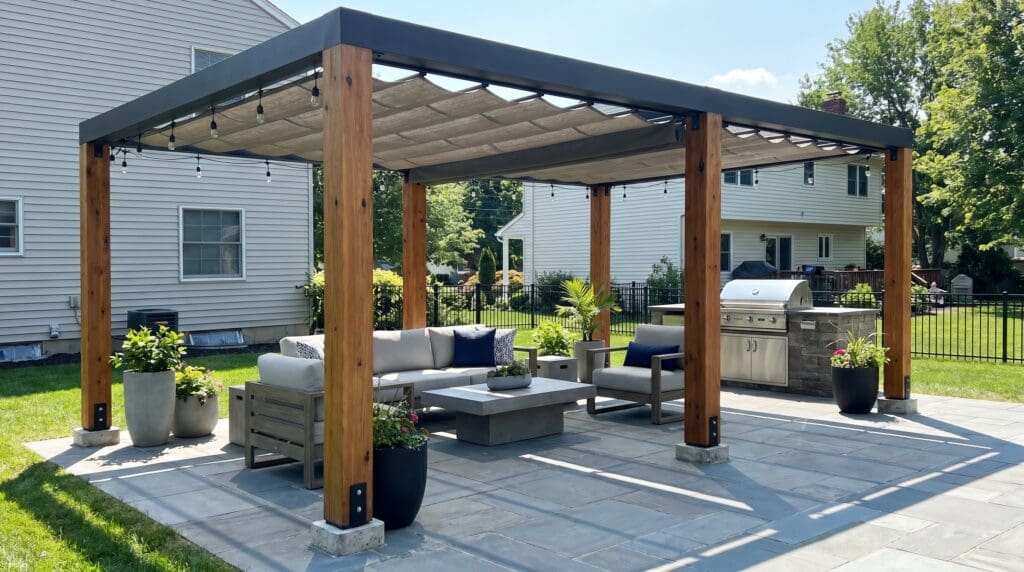 Modern freestanding pergola on a backyard patio with outdoor furniture, shade canopy, and anchored posts Modern freestanding pergola on a backyard patio with outdoor furniture, shade canopy, and anchored posts
