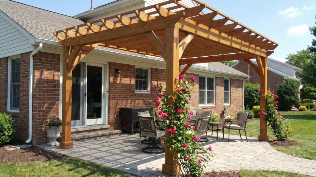 Freestanding pergola placed next to a house patio with proper spacing from siding, gutters, doors, and windows Freestanding pergola placed next to a house patio with proper spacing from siding, gutters, doors, and windows