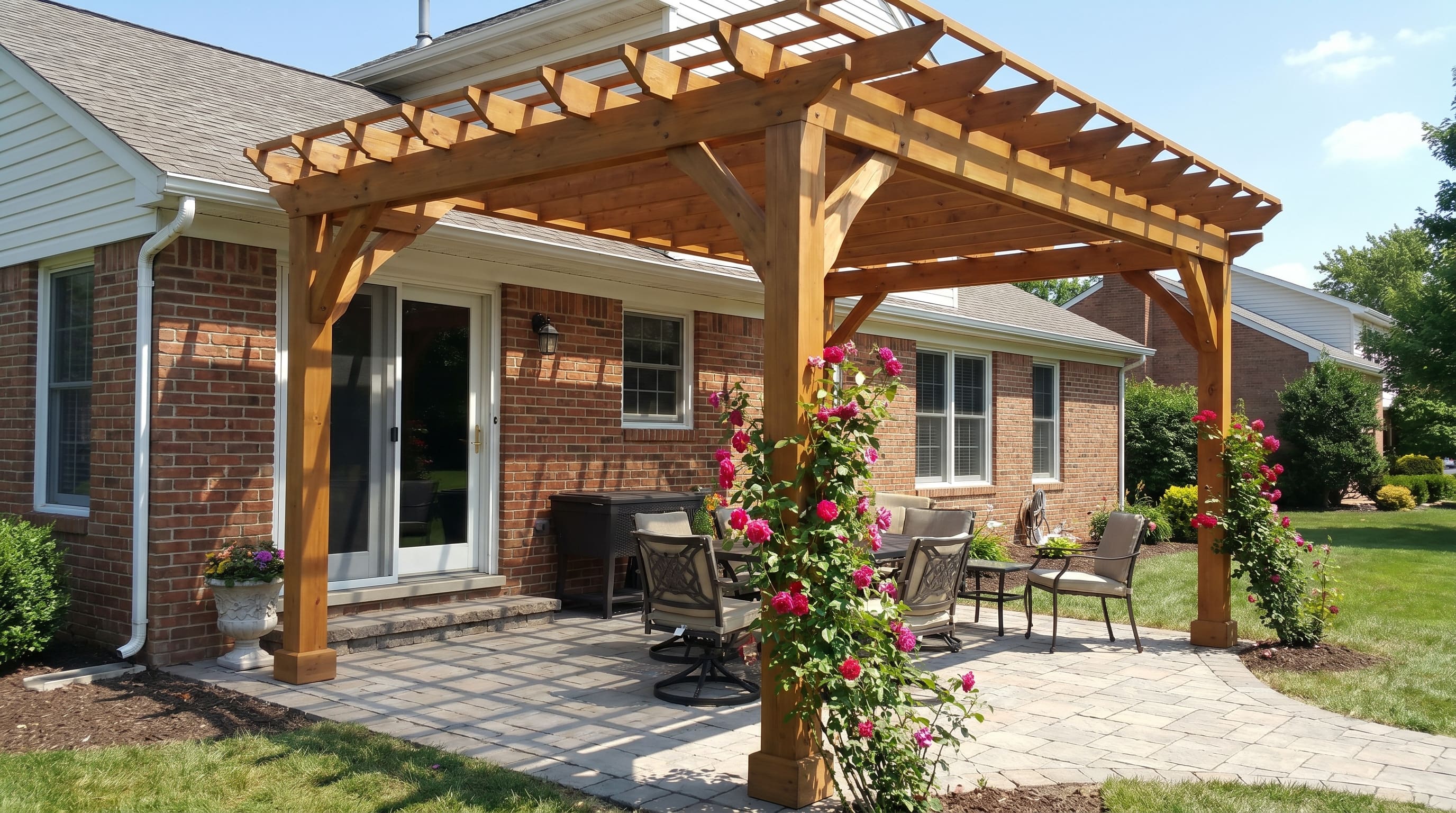 How to Attract Birds to a New Feeder Freestanding pergola placed next to a house patio with proper spacing from siding, gutters, doors, and windows