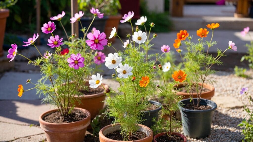Growing cosmos in pots with pink, white, and orange flowers on a sunny patio container garden Growing cosmos in pots with pink, white, and orange flowers on a sunny patio container garden
