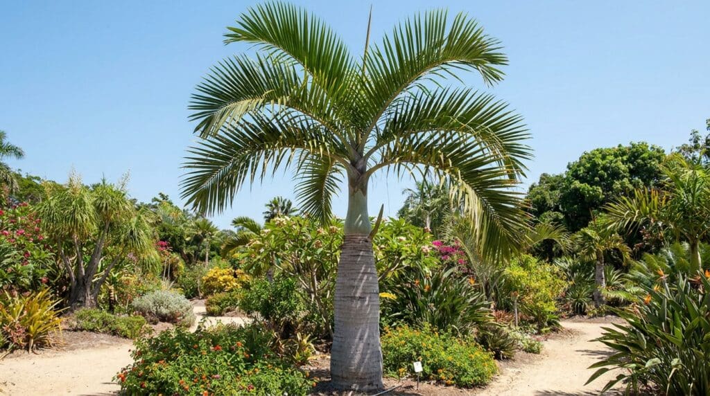 Bottle palm tree showing mature height, swollen trunk, and compact tropical crown in a sunny landscape Bottle palm tree showing mature height, swollen trunk, and compact tropical crown in a sunny landscape