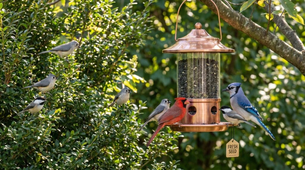 New backyard bird feeder filled with black oil sunflower seed hanging near shrubs with birds nearby New backyard bird feeder filled with black oil sunflower seed hanging near shrubs with birds nearby