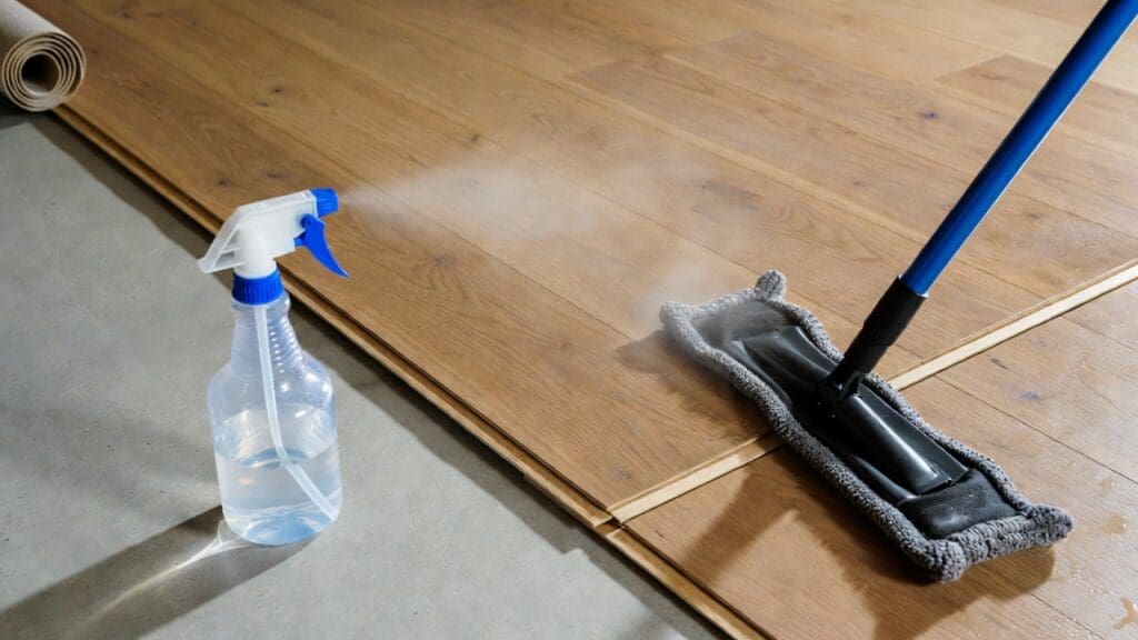 Microfiber mop cleaning engineered hardwood flooring with a light spray cleaner and no standing water Microfiber mop cleaning engineered hardwood flooring with a light spray cleaner and no standing water