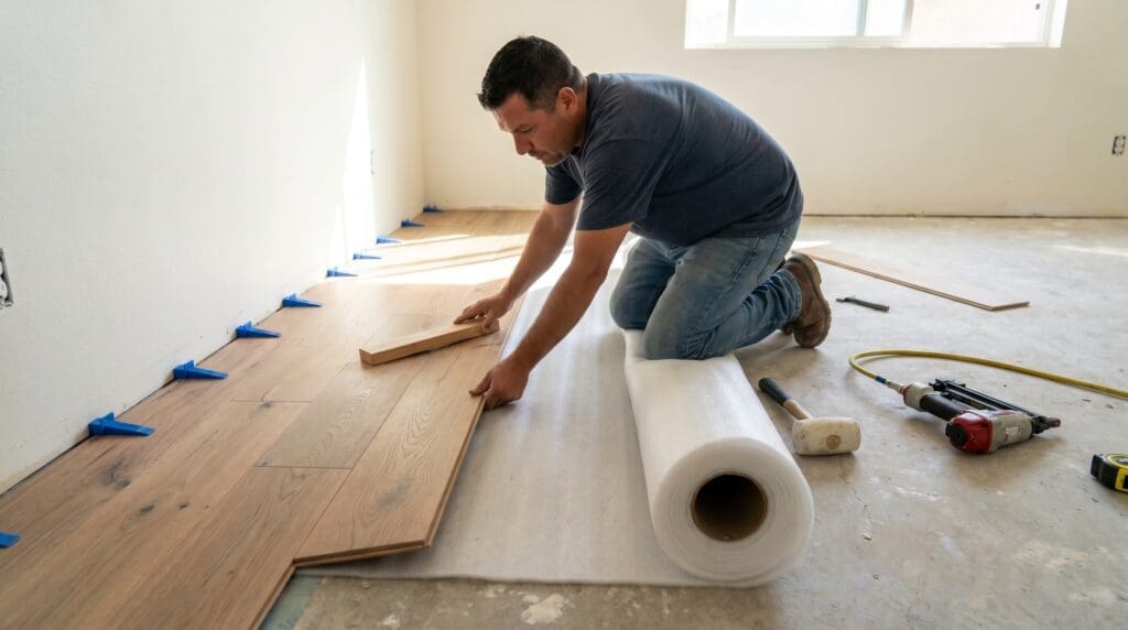 Installer laying engineered hardwood flooring with spacers, underlayment, and tools on a prepared subfloor Installer laying engineered hardwood flooring with spacers, underlayment, and tools on a prepared subfloor