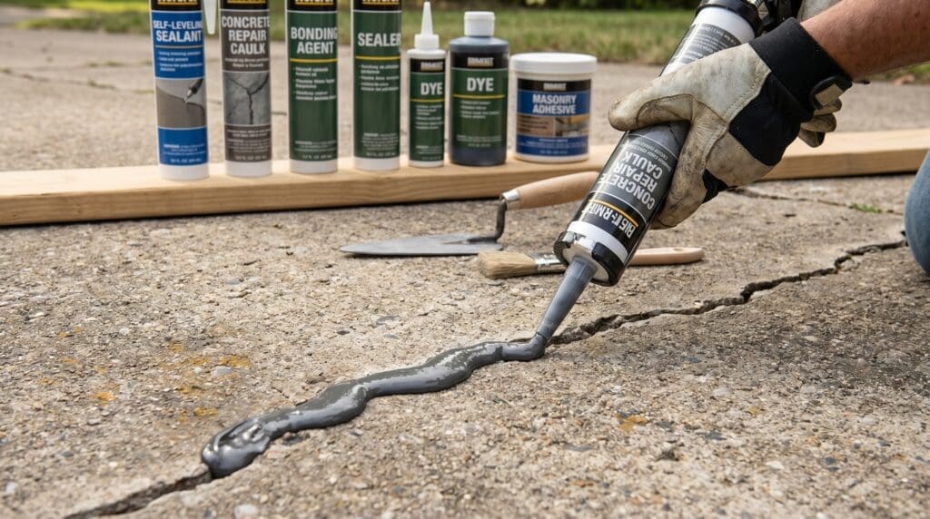 Liquid concrete crack filler being applied into a driveway crack before smoothing Liquid concrete crack filler being applied into a driveway crack before smoothing
