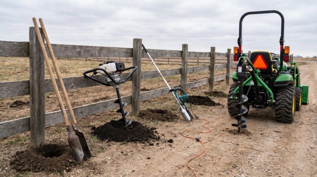 Manual, gas, electric, and tractor post hole diggers arranged near a fence line with fresh post holes in the soil Manual, gas, electric, and tractor post hole diggers arranged near a fence line with fresh post holes in the soil