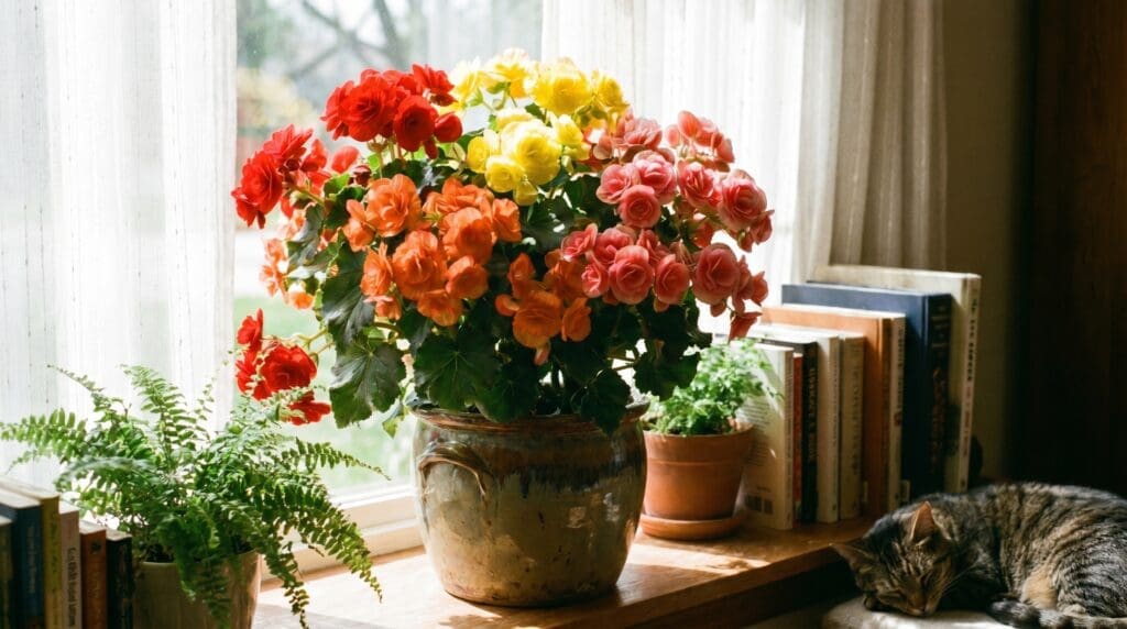 Colorful Rieger begonia plant blooming in a pot near bright indirect window light Colorful Rieger begonia plant blooming in a pot near bright indirect window light