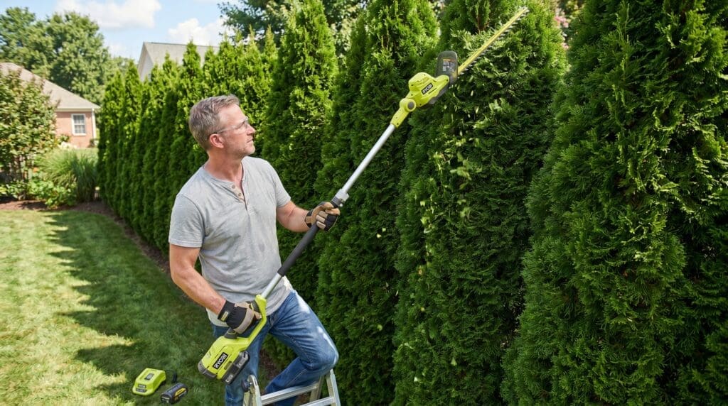 Homeowner using a RYOBI 40V pole hedge trimmer to shape the top of a tall backyard privacy hedge