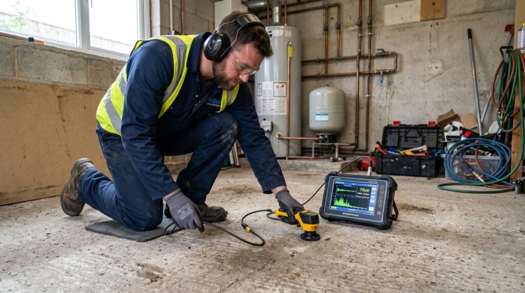 Plumber using leak detection equipment to inspect a concrete slab floor for a hidden pipe leak Plumber using leak detection equipment to inspect a concrete slab floor for a hidden pipe leak