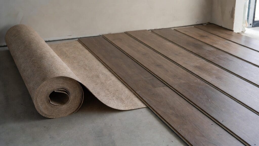Roll of underlayment beneath engineered hardwood flooring planks on a prepared subfloor Roll of underlayment beneath engineered hardwood flooring planks on a prepared subfloor
