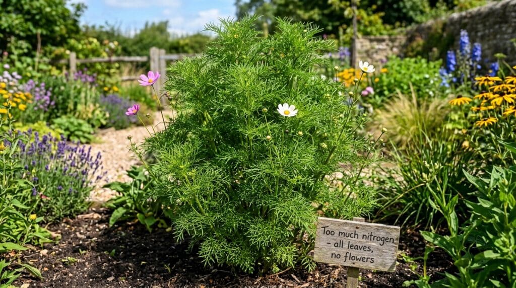 Cosmos plant with green foliage and few flowers in a sunny garden showing why cosmos may not bloom Cosmos plant with green foliage and few flowers in a sunny garden showing why cosmos may not bloom
