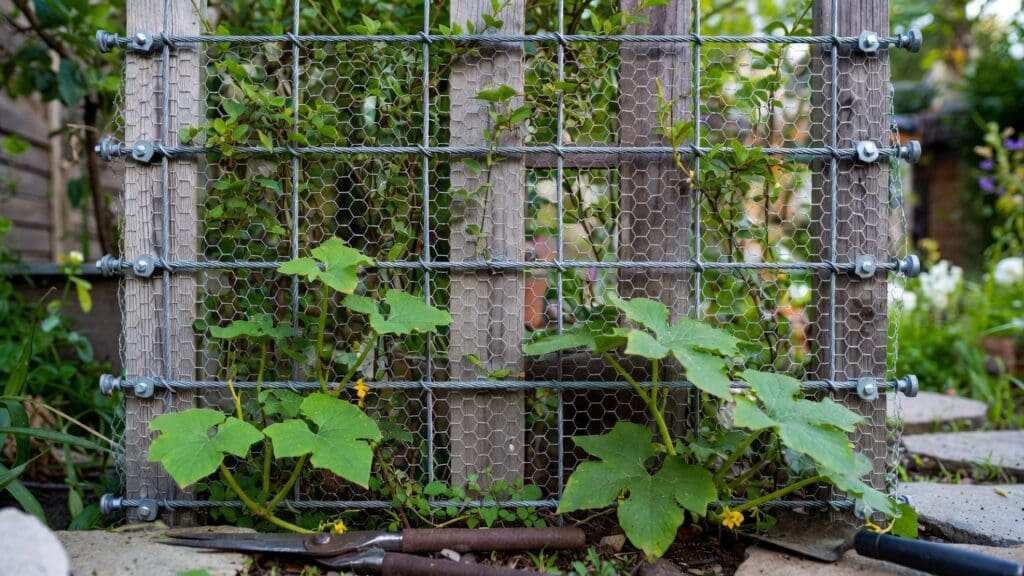 Wire trellis for climbing plants with stainless cable, chicken wire, wall anchors, jasmine vines, cucumbers, and garden tools Wire trellis for climbing plants with stainless cable, chicken wire, wall anchors, jasmine vines, cucumbers, and garden tools