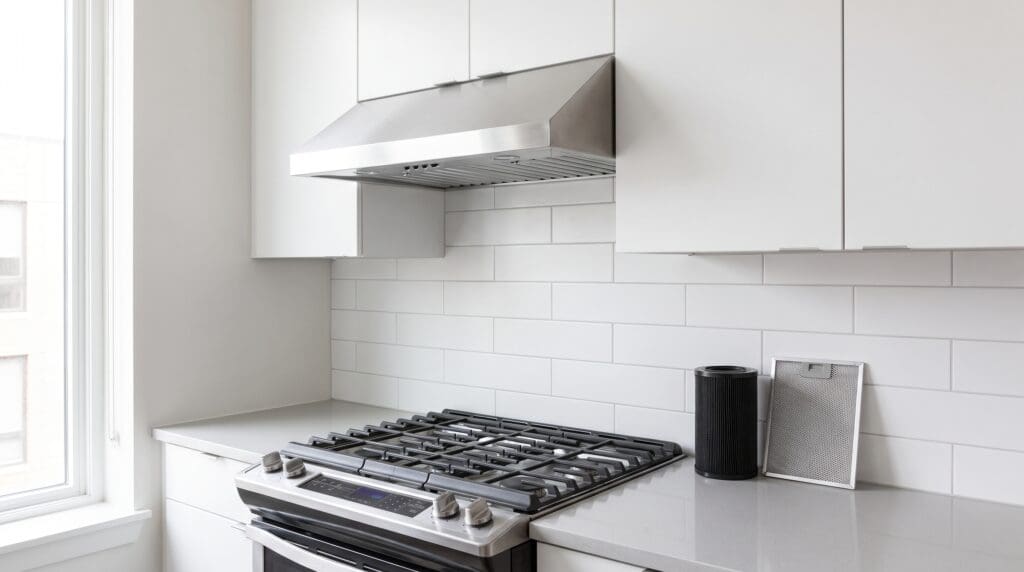30 inch ductless range hood installed under a cabinet above a stove in a modern kitchen 30 inch ductless range hood installed under a cabinet above a stove in a modern kitchen