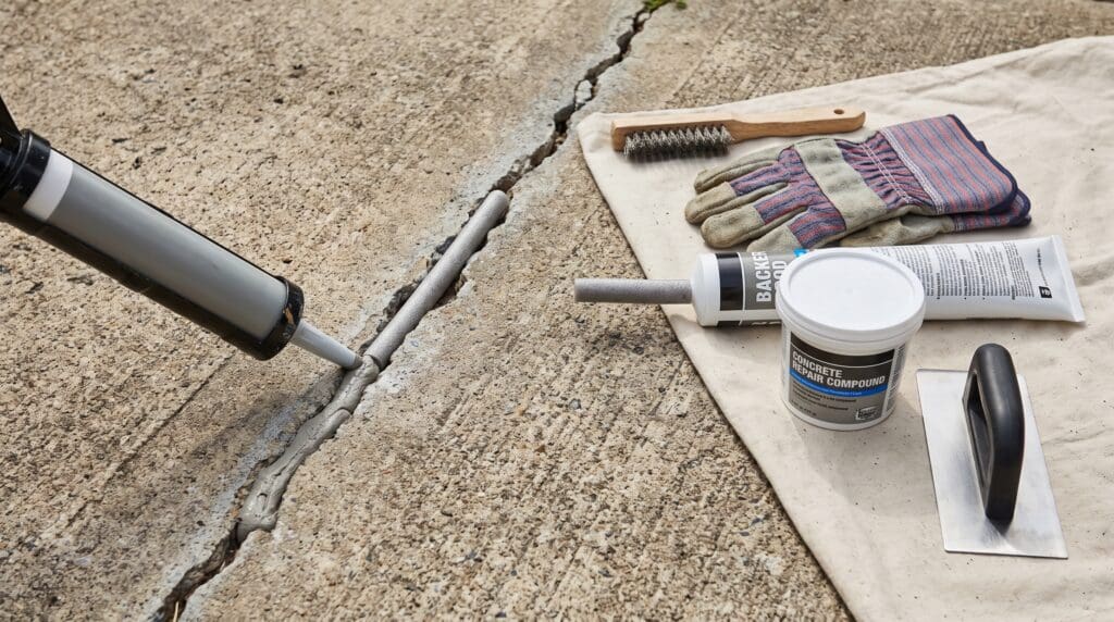 Concrete crack filler applied to a driveway crack with repair tools nearby Gardenfrontier Concrete crack filler applied to a driveway crack with repair tools nearby