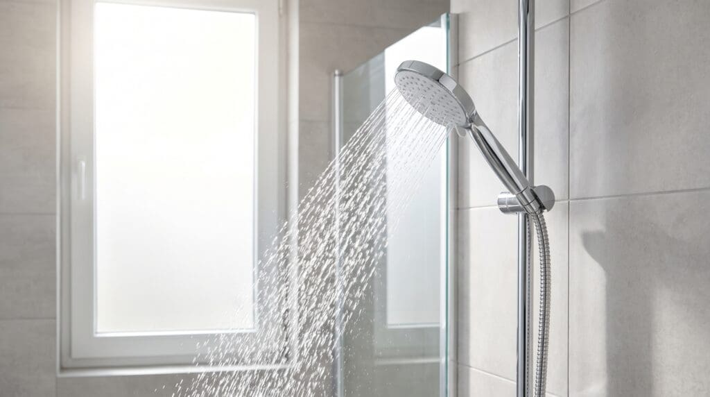 Handheld shower head with hose spraying strong water in a modern bathroom Gardenfrontier Handheld shower head with hose spraying strong water in a modern bathroom