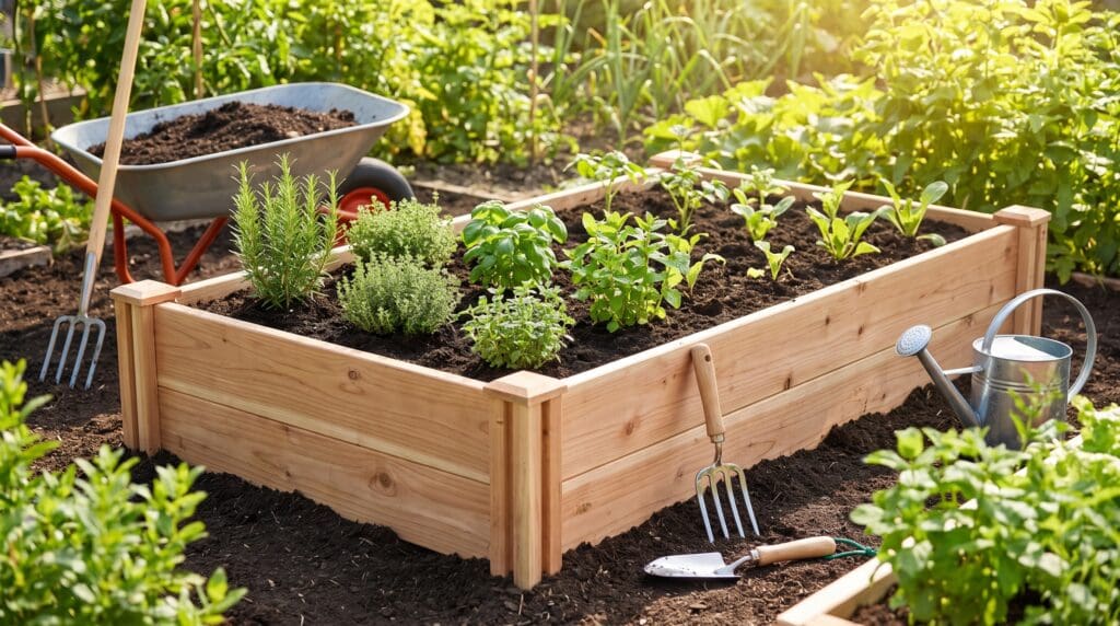 Cedar raised garden bed kit assembled in a backyard vegetable garden with soil, herbs, and garden tools nearby Cedar raised garden bed kit assembled in a backyard vegetable garden with soil, herbs, and garden tools nearby