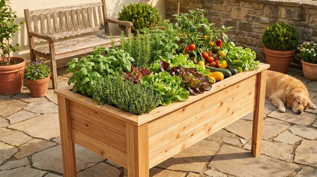Cedar raised garden bed with legs filled with herbs, lettuce, and vegetables on a sunny patio Cedar raised garden bed with legs filled with herbs, lettuce, and vegetables on a sunny patio